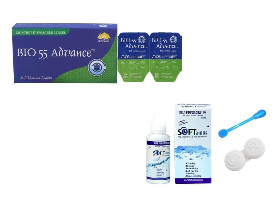 MD Bio 55 Advanced Clear Contact lenses Monthly Disposable with 60 Ml Solution, Lens Case and Lens Holder(UV Blocking, Pack of 2 Lens) (-2.50)