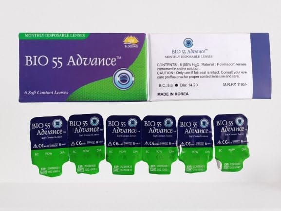 MD Bio 55 Advanced Clear Contact lenses Monthly Disposable with 80 Ml Solution, Lens Case and Lens Holder(UV Blocking, Pack of 6 Lens) (-6.00)