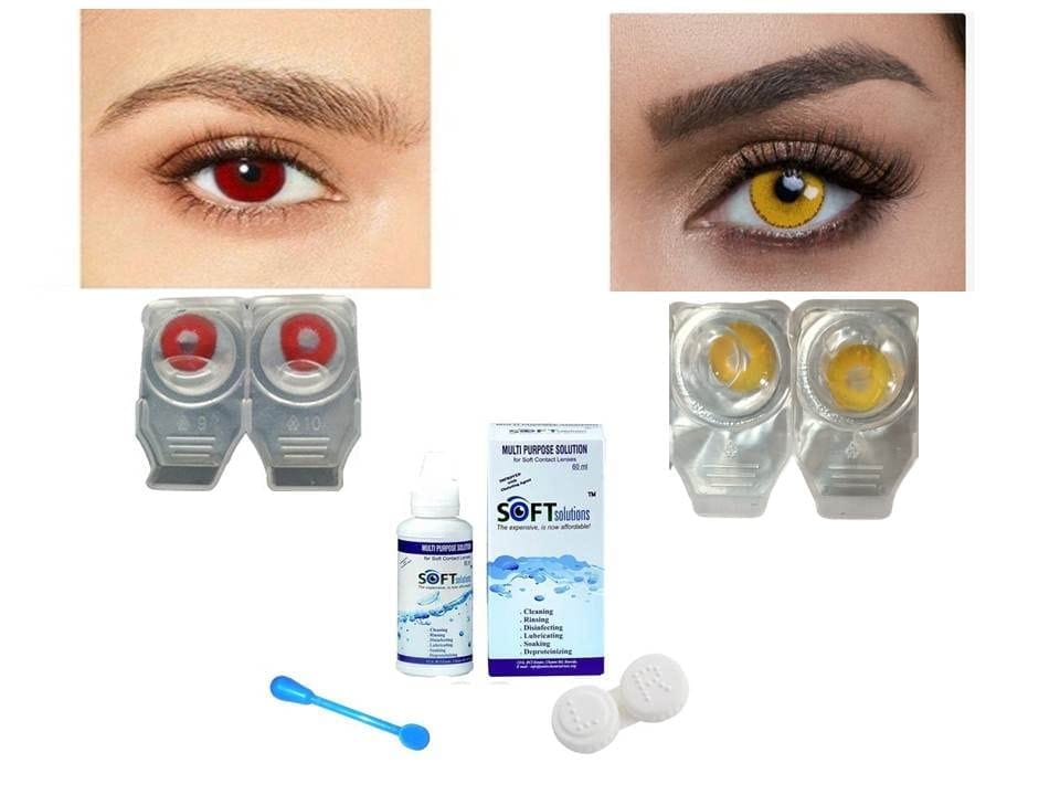RED AND YELLOW MD SPARKLE 2 PAIR MONTHLY CRAZY CONTACT LENS/HORROR LENS WITH CASE, LENS HOLDER AND 60ML SOLUTION (PACK OF 2 PAIR)