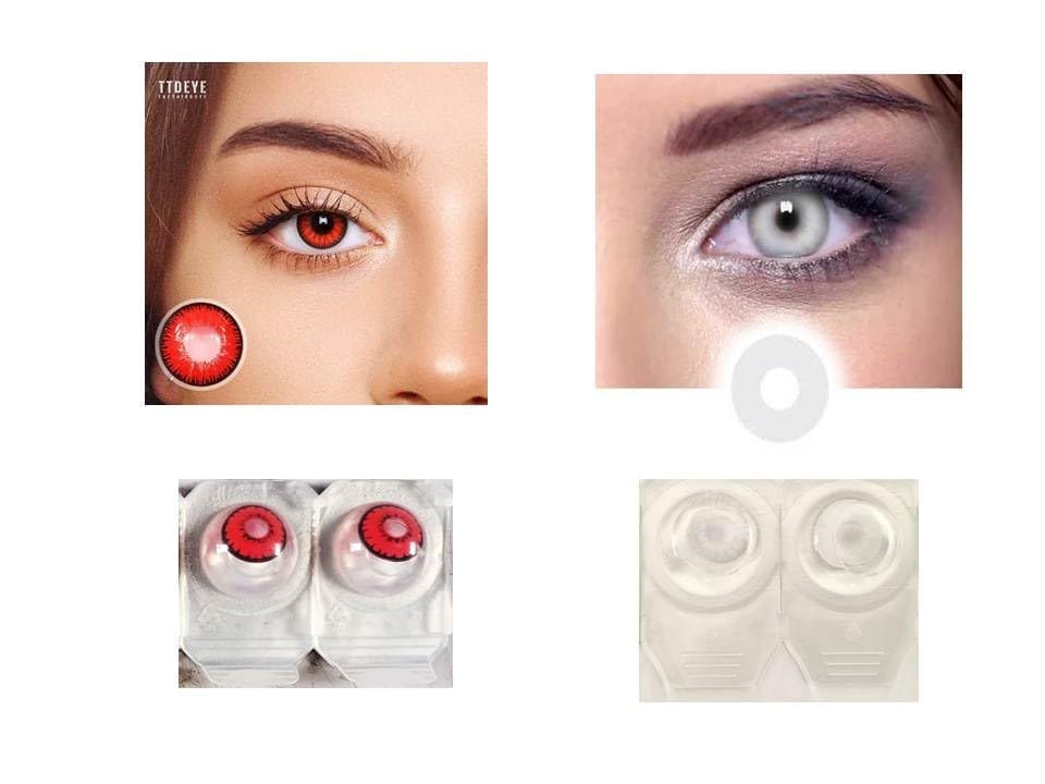MYSTERY RED AND WHITE MD SPARKLE 2 PAIR MONTHLY CRAZY CONTACT LENS/HORROR LENS WITH CASE, LENS HOLDER AND 80ML SOLUTION (PACK OF 2 PAIR)