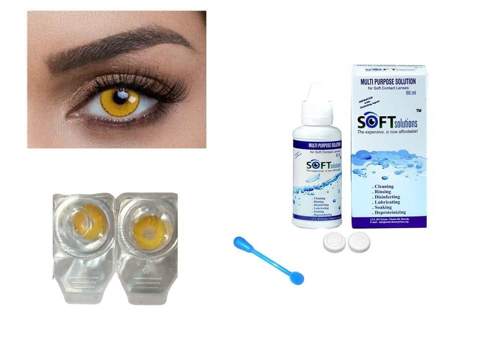 YELLOW MD SPARKLE MONTHLY CRAZY CONTACT LENS/HORROR LENS WITH CASE, LENS HOLDER AND 60ML SOLUTION (PACK OF 1 PAIR)