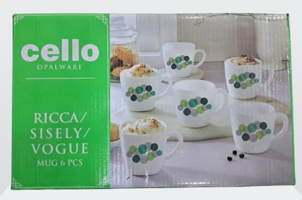  Cello Opalware Ricca Sisely Vogue Mug Set, 6 Pieces, White and Green