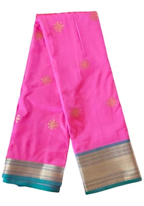 Bhavya Sri Sarees - Pink Banarasi Silk Saree With Golden Zari Work And Blue Border- Unstiched Bhavya Sri Sarees - Pink Banarasi Silk Saree With Golden Zari Work And Blue Border- Unstiched
