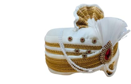 AMRUTHA GARLANDS - White Wedding Turban with Gold and Pearl Detailing AMRUTHA GARLANDS - White Wedding Turban with Gold and Pearl Detailing