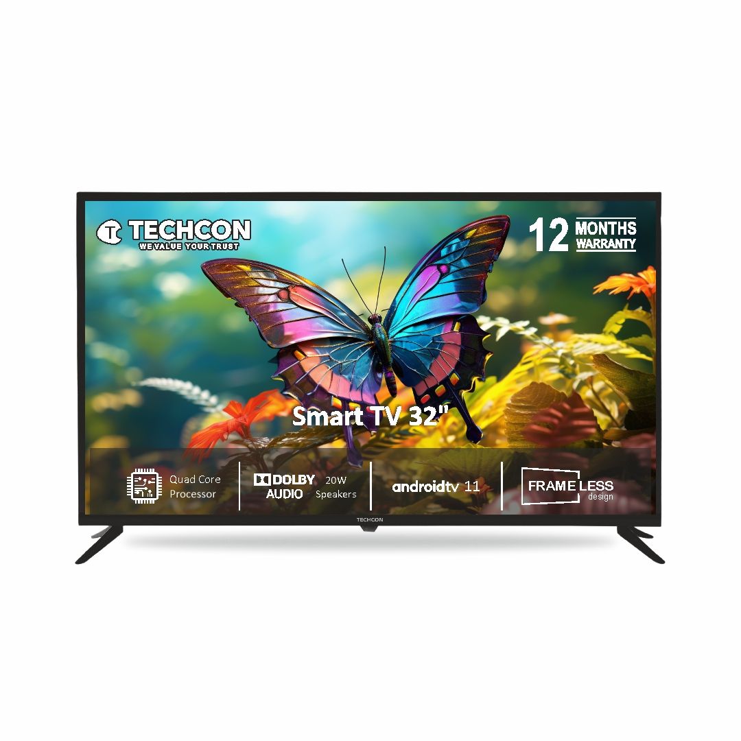 Techcon 80cm (32 Inch) BT VR Android Smart LED TV With Voice Remote T322G10 BTVC (Black) Smart TV 32" - Frameless Design, Quad Core Processor, Dolby Audio, Android TV 11