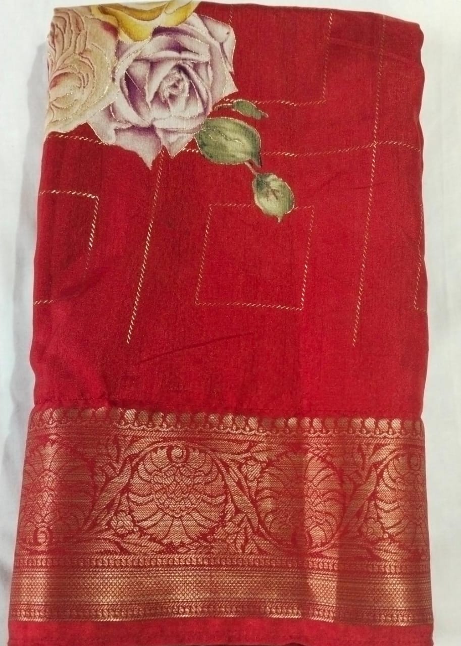 Red Georgette Saree With Floral Print and Golden Border