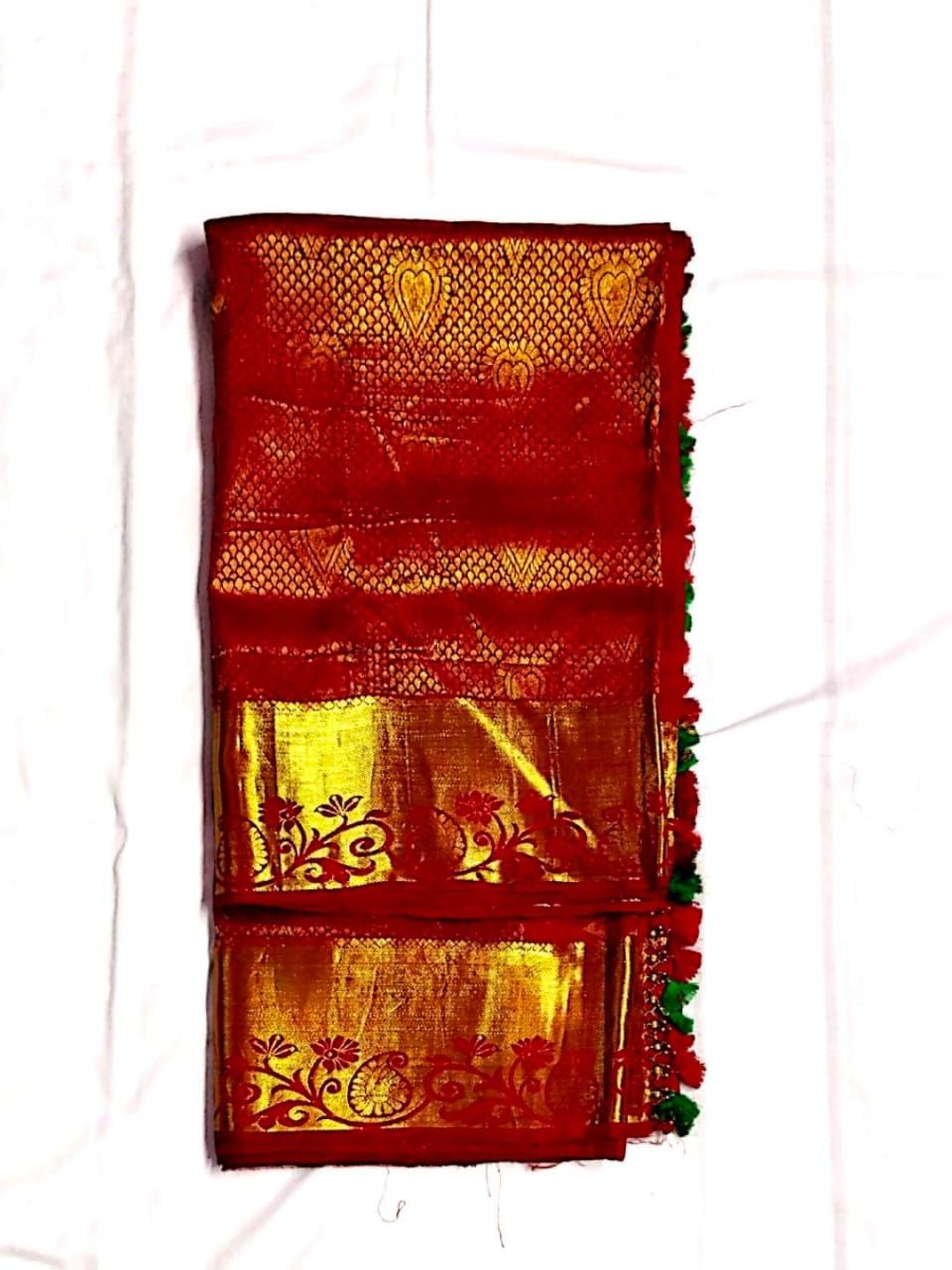 Red and gold zari woven Kanchipuram silk saree with blouse piece