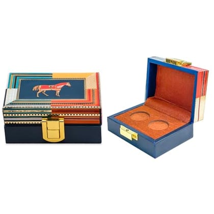 IZZHAAR Mustang Wooden Two Coin Ginni Box - Handcrafted with Unique Prints for Gold & Silver Shagun Coins, Stylish Storage, Ideal Present for Indian Occasions (Multicolor)
