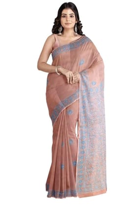 Cottage Handmade Womens Cotton Luckhnavi Chikan Silk Saree with Unstitched Blouse - Multicolor