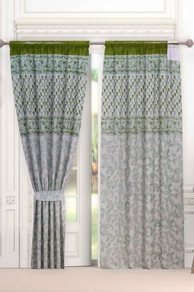 COTTAGE Handmade Cotton Leaves Print Grommet Door Curtains, Set ot 2 (3.6x7 ft, Multicolor)