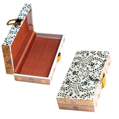IZZHAAR Peshkari Wooden Printed Cash Box - Decorative Trinket Box with Lock, Ideal for Shagun Envelopes, Wedding Gifts, and Special Occasions (Gold & White)