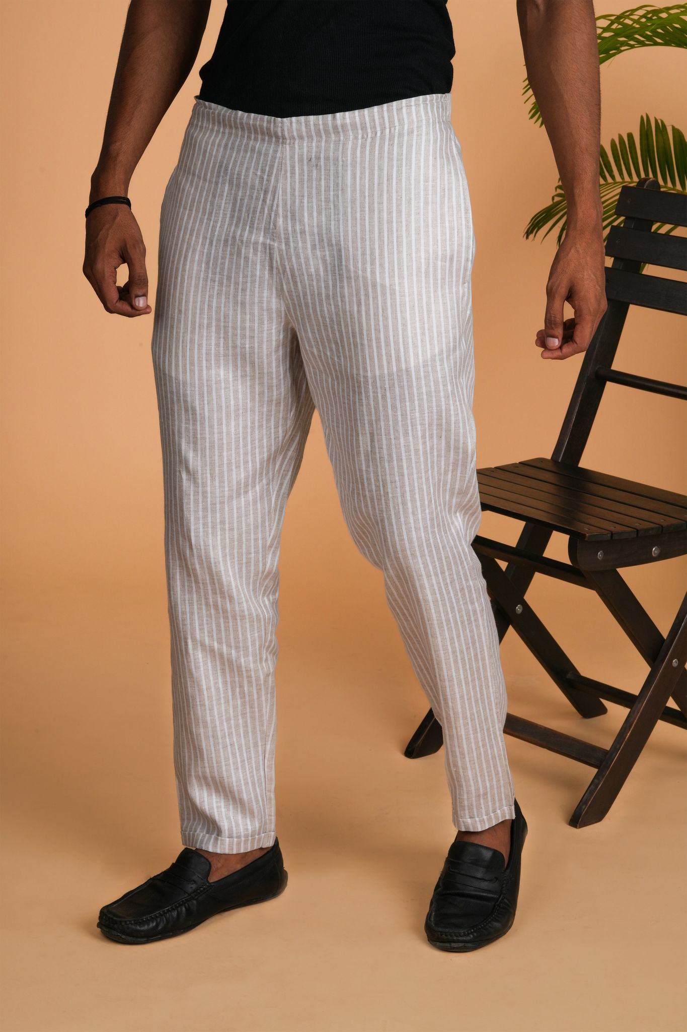 Men Beige White Stripes Hemp Ultimate Yoga Pant