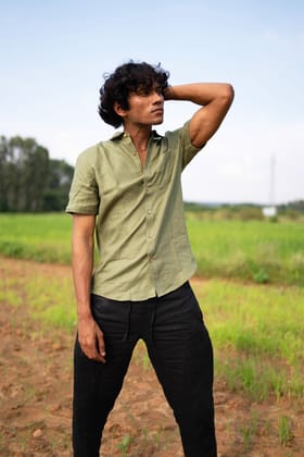 Men Regal Olive Hemp Casual Half Sleeve Shirt