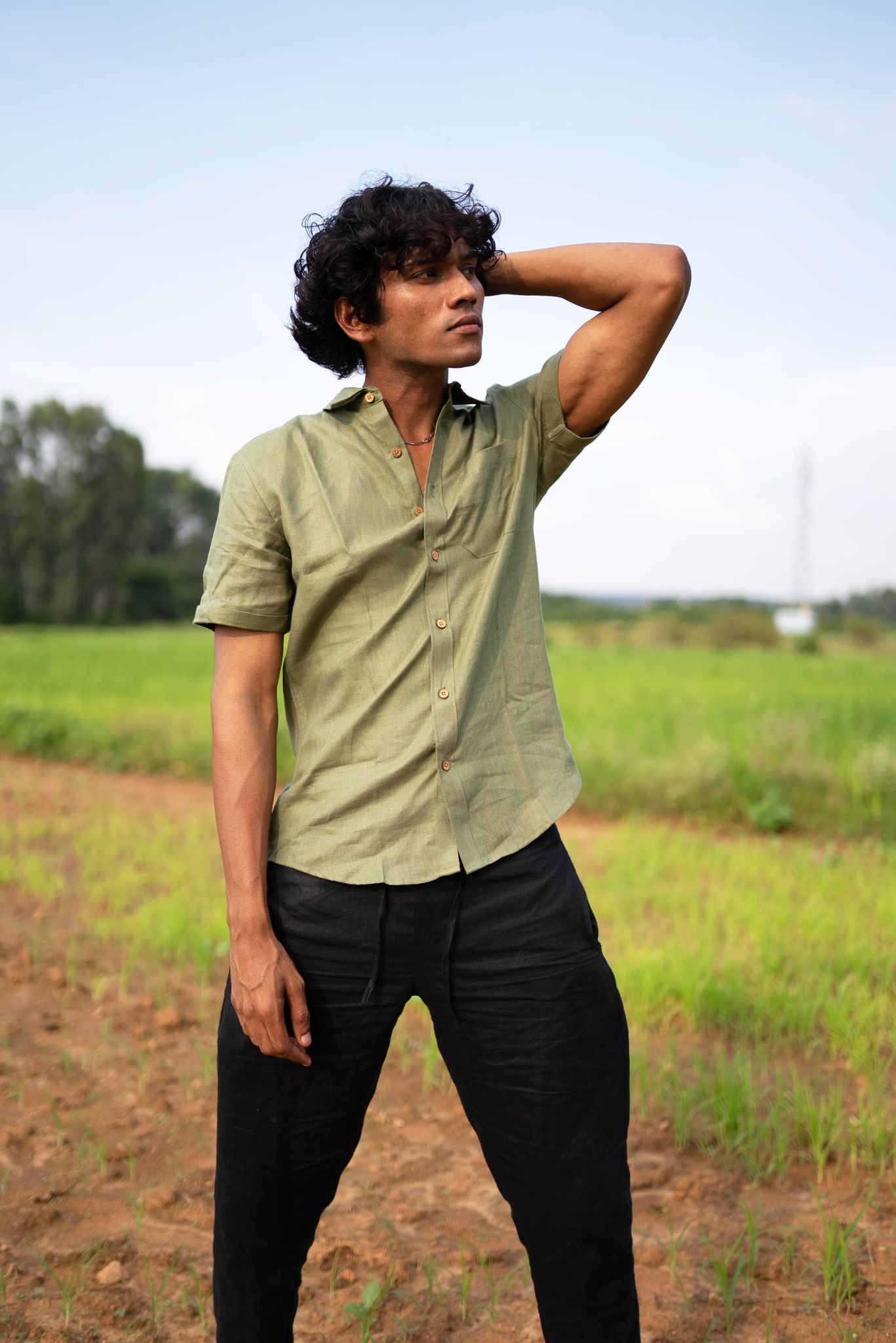 Men Regal Olive Hemp Casual Half Sleeve Shirt