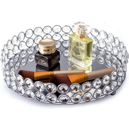 Round Clear Beaded Glass Crystal Tray for Home Decor with Strong Metal Base & Reflective Mirrored Top/ Gift/Perfume/ Jewellery Organiser Tray / Wedding Ring Platter - By Marigold Stores® Round Clear Beaded Glass Crystal Tray for Home Decor with Strong Metal Base & Reflective Mirrored Top/ Gift/Perfume/ Jewellery Organiser Tray / Wedding Ring Platter - By Marigold Stores®