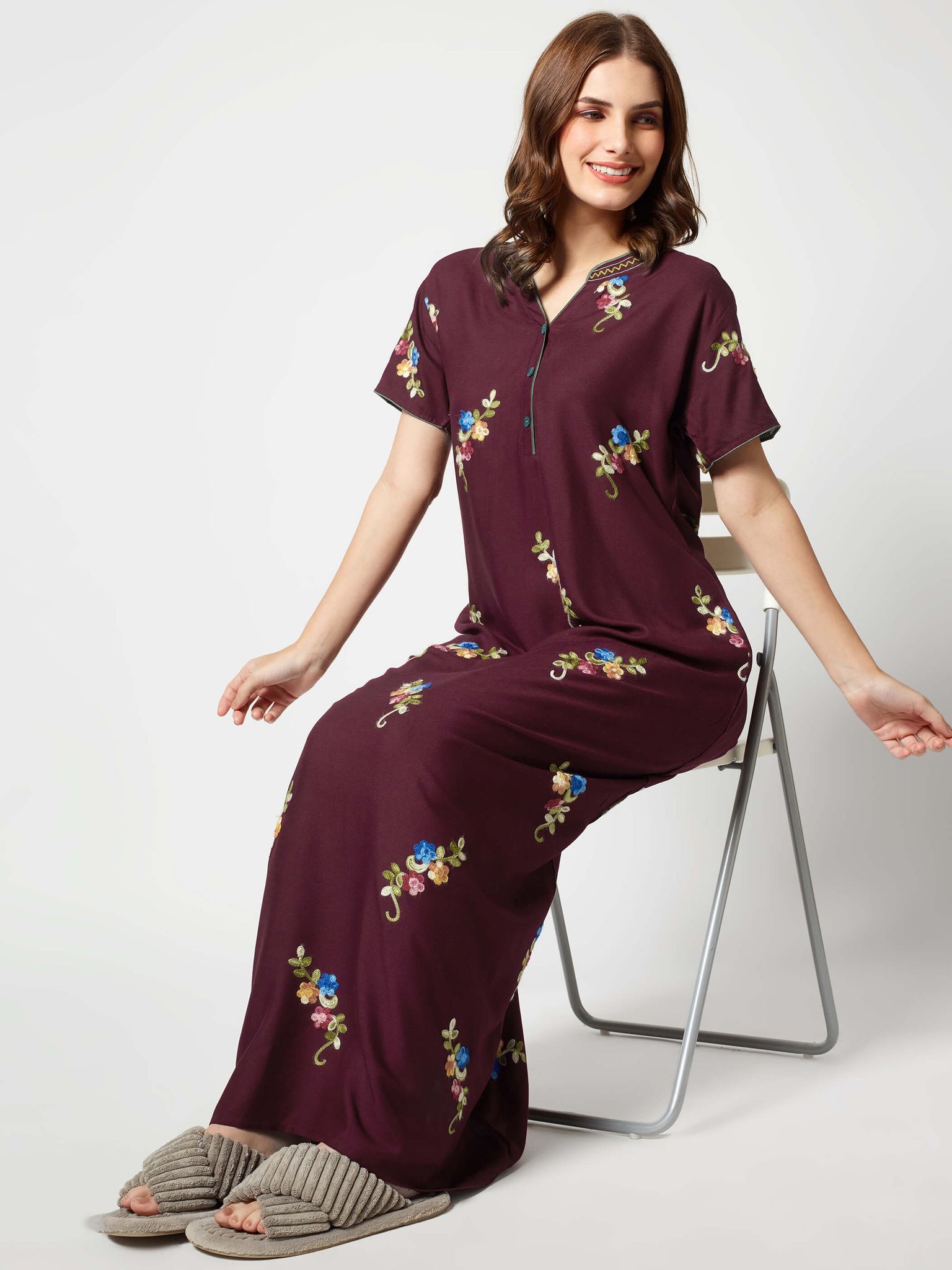 Zeyo Women Rayon Light Blue Floral Embroidery Nighty
