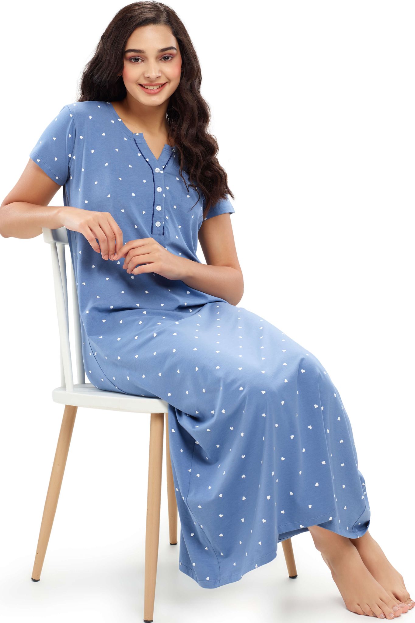 ZEYO Womens Cotton Blue Heart Printed  Stylish Maxi Night Dress Nighty