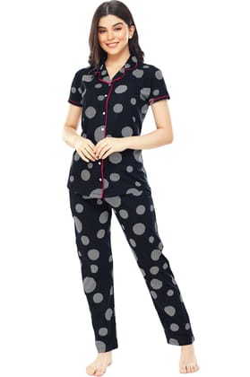 ZEYO Women's Cotton Navy Blue Geometric Printed Stylish Night suit set