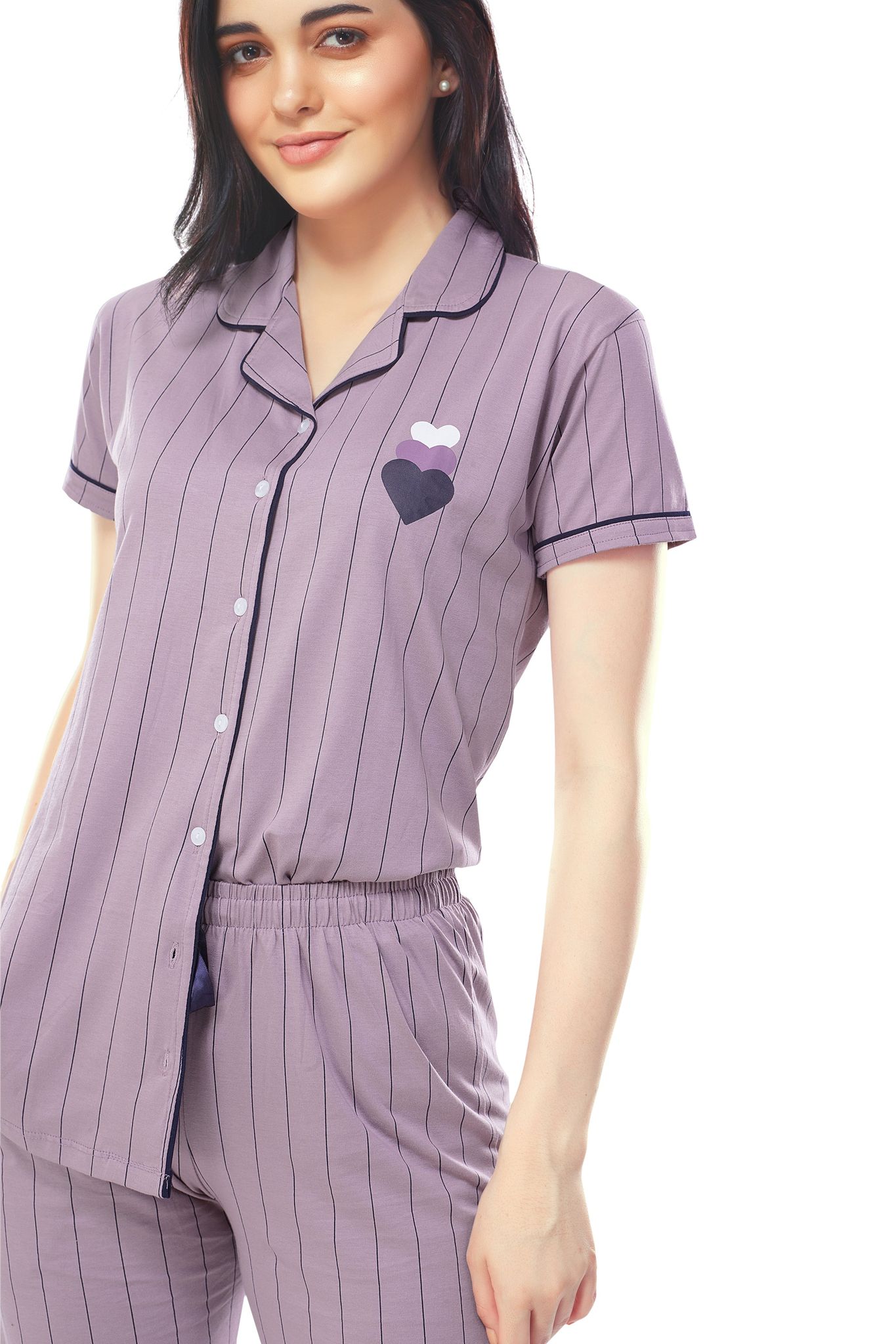 ZEYO Women's Cotton Lavender Striped Stylish Night suit set