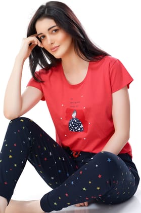 ZEYO Women's Cotton Red Star Printed Stylish Night suit