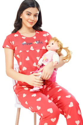 ZEYO Women Cotton Red Heart Print Maternity & Feeding Night Suit