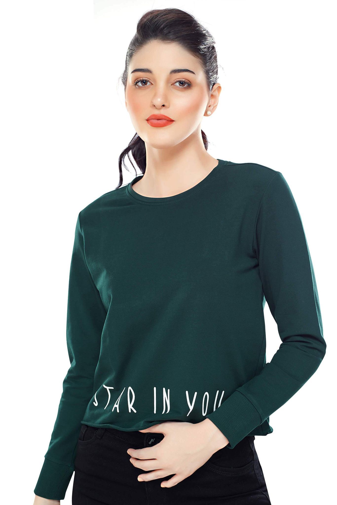 Zeyo Women Cotton Blue Printed Full Sleeve Crop Top