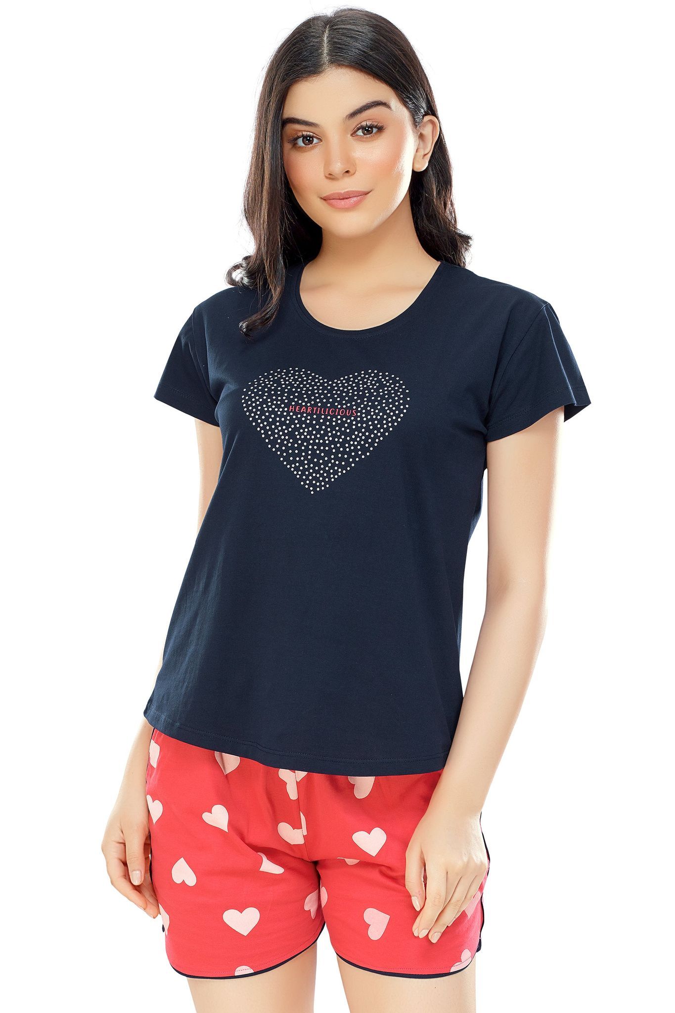 ZEYO Women's Cotton Navy Blue Heart Printed Shorts Set