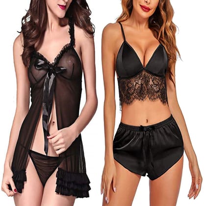 Babydoll Night dress with panty Stylish Nikar bra set for women girls Combo Pack 2 Babydoll Night dress with panty Stylish Nikar bra set for women girls Combo Pack 2