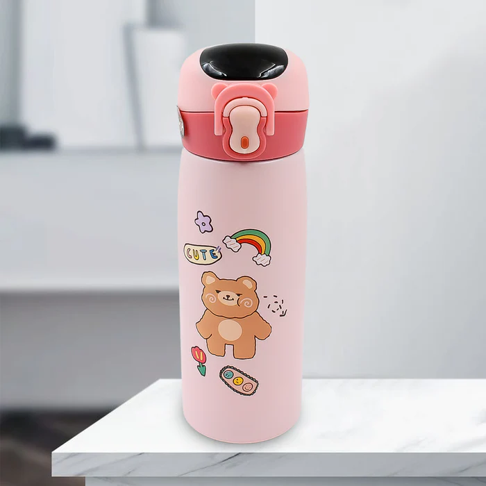  304 Stainless Steel Vacuum Insulated Water Bottle with Cute Bear Cartoon, Leakproof Travel Mug for Kids, 12oz