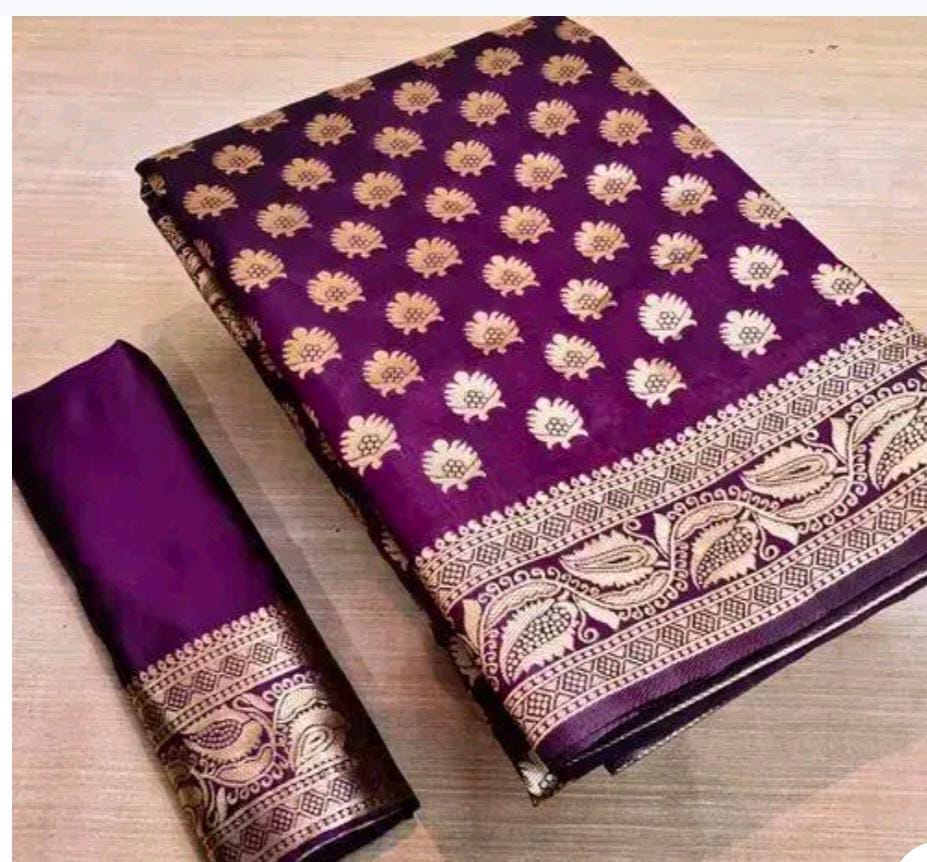 Purple Silk Saree With Golden Zari Woven Floral Butta Work And Paisley Pallu