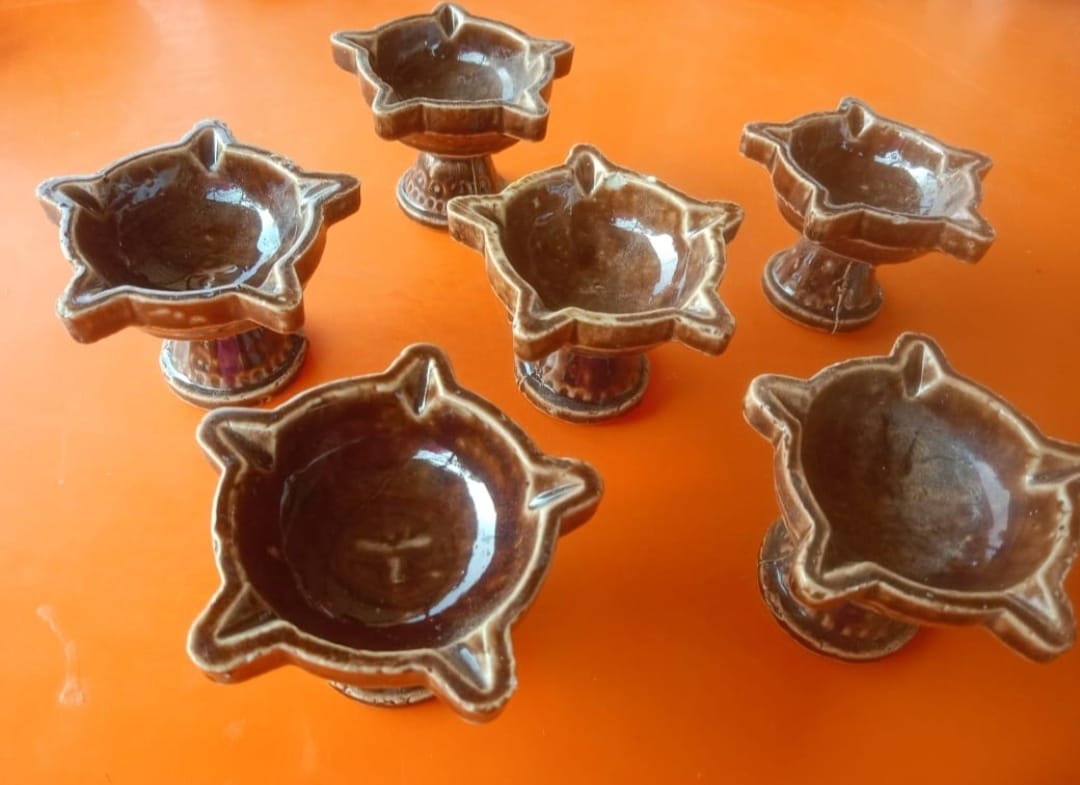  Set of 6 Handmade Brown Clay Diyas for Diwali