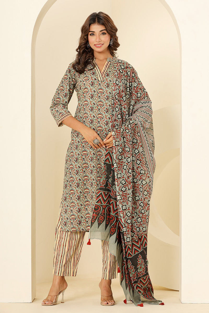 Grey Red Mulmul Dupatta