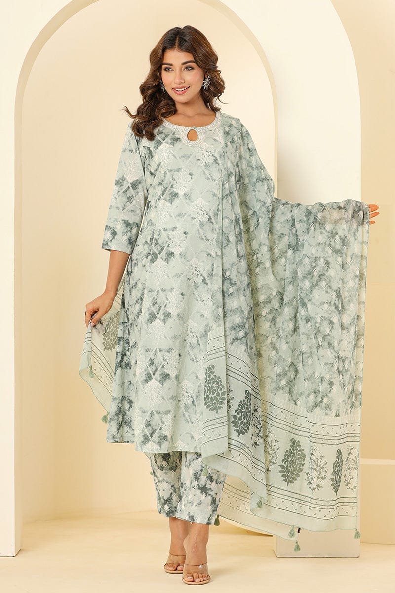 White Green Mulmul Dupatta