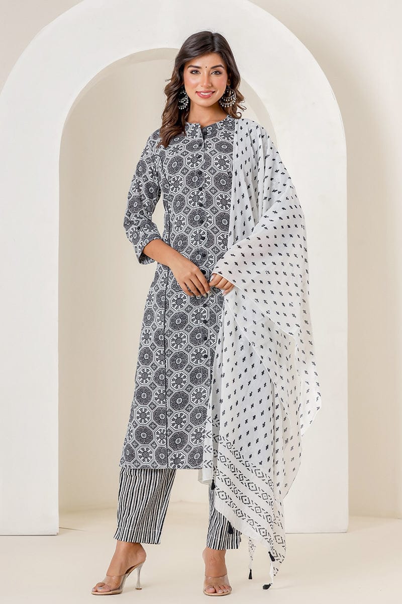 White Black Organic Mulmul Dupatta