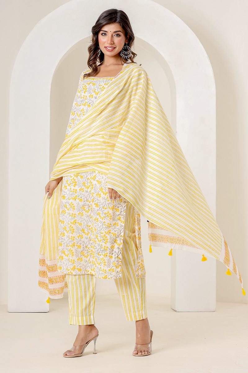 Yellow and White Printed Organic Mulmul Dupatta
