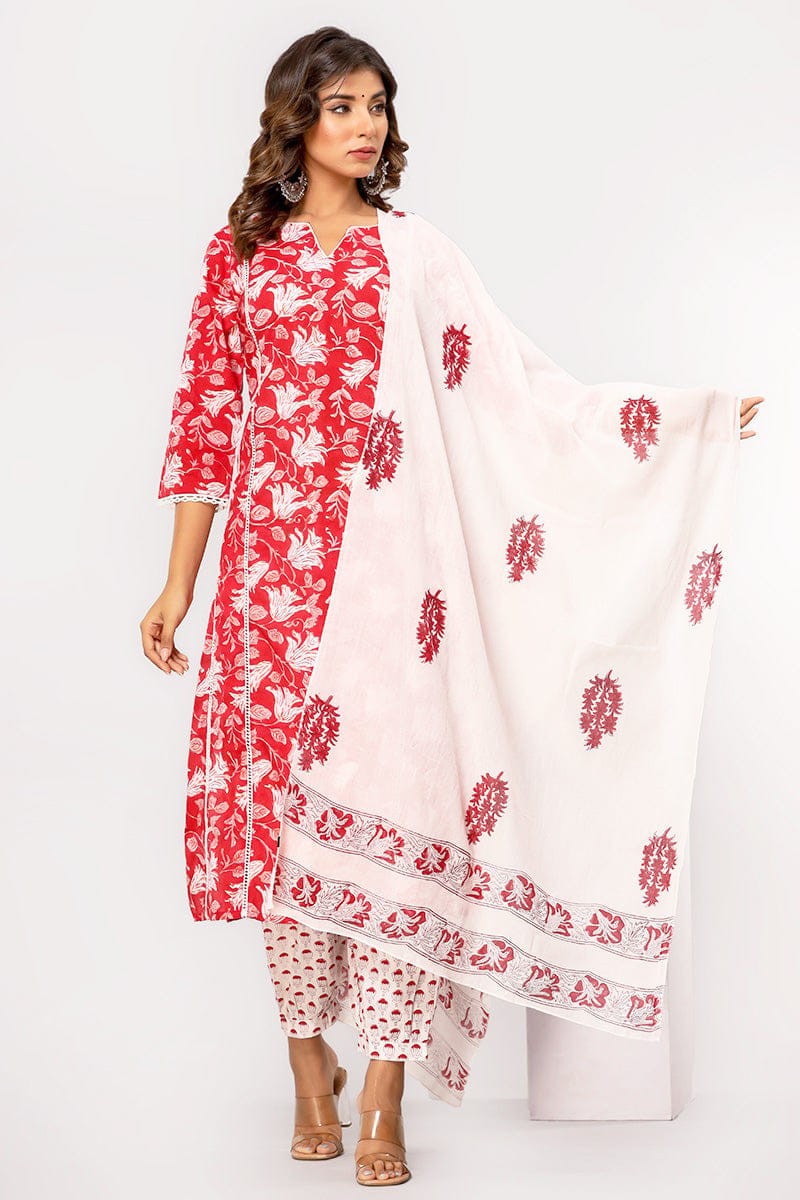 White and Red Organic Mulmul Dupatta