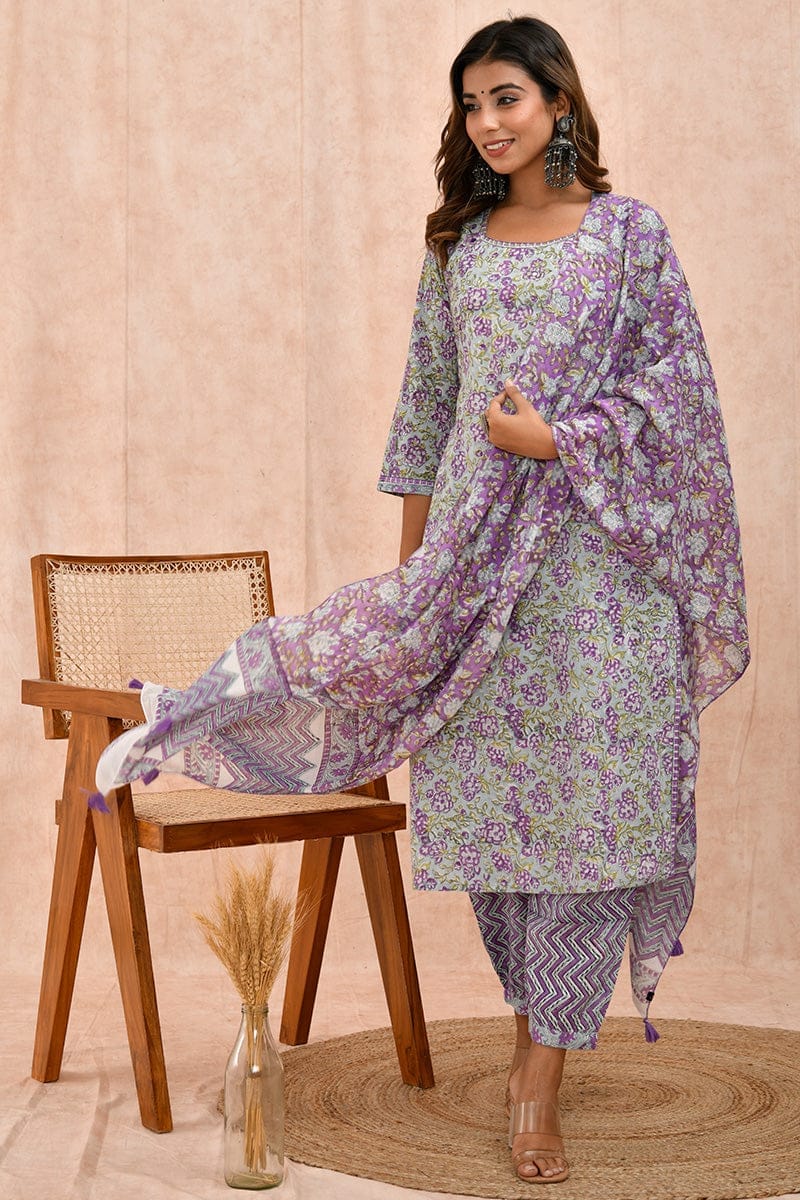 Purple Sea Green Printed Organic Mulmul Dupatta