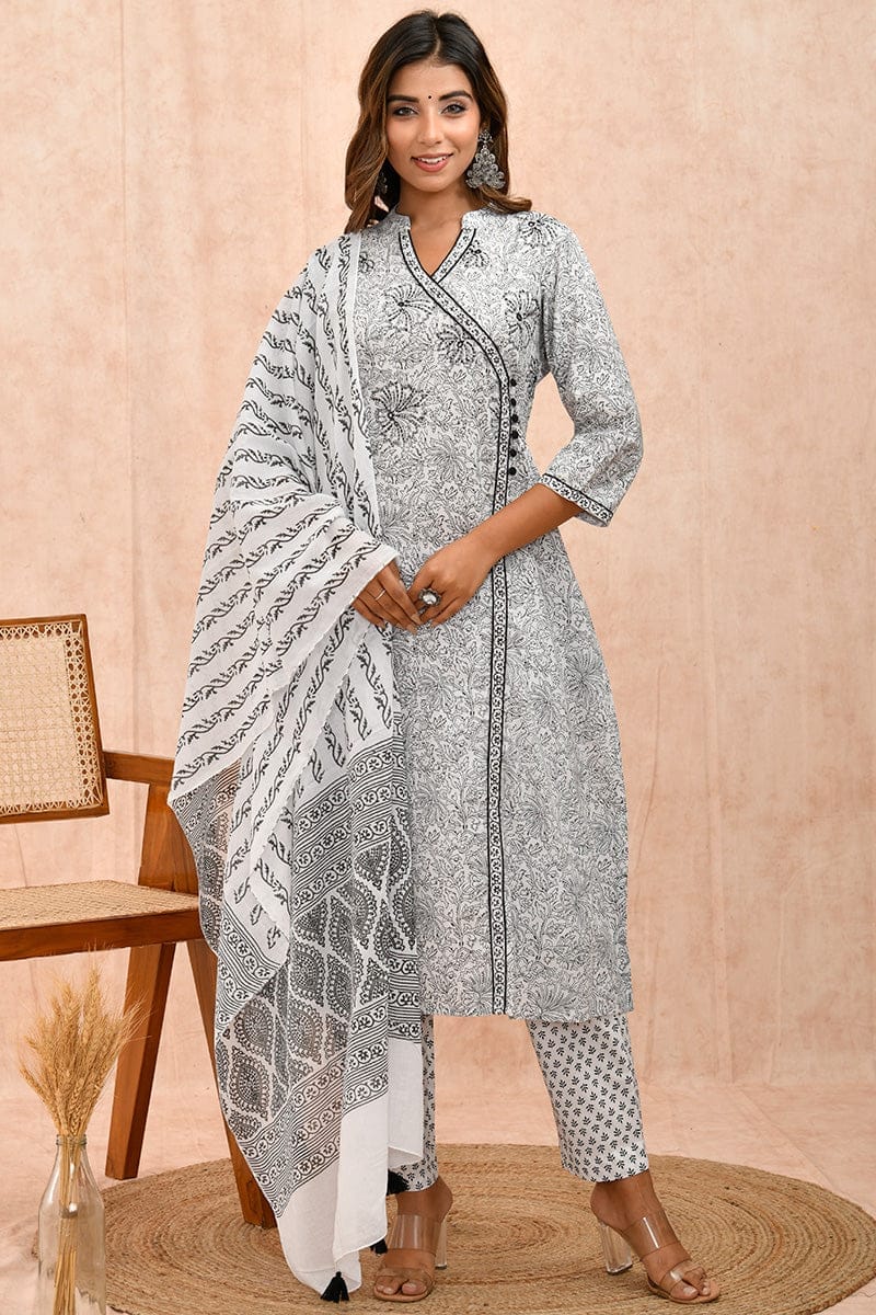 White and Black Printed Organic Mulmul Dupatta