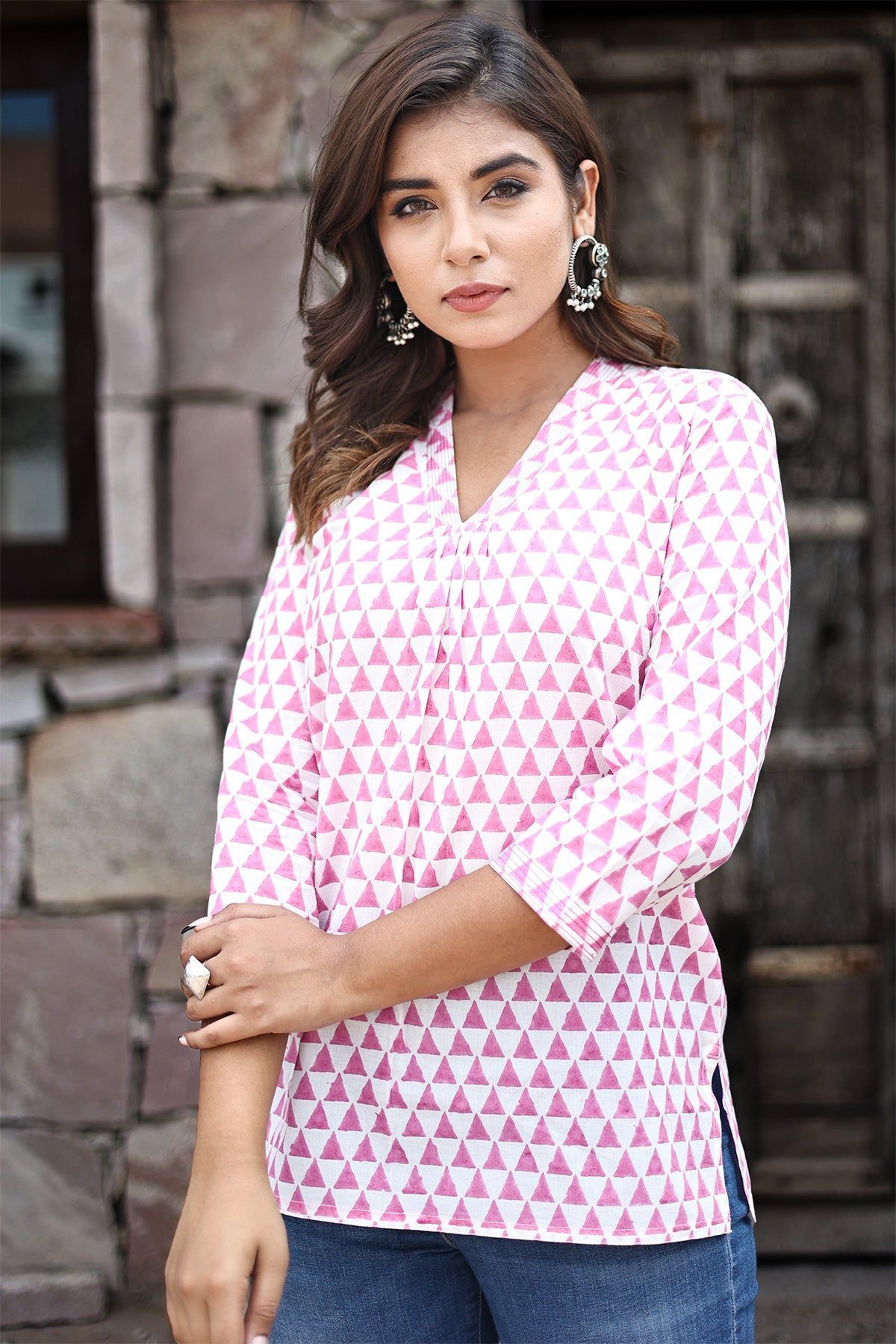 Pink White Organic Cotton Short Kurta