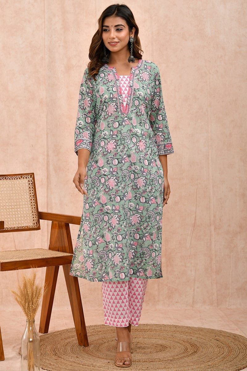 Green Pink Organic Cotton Straight Kurta