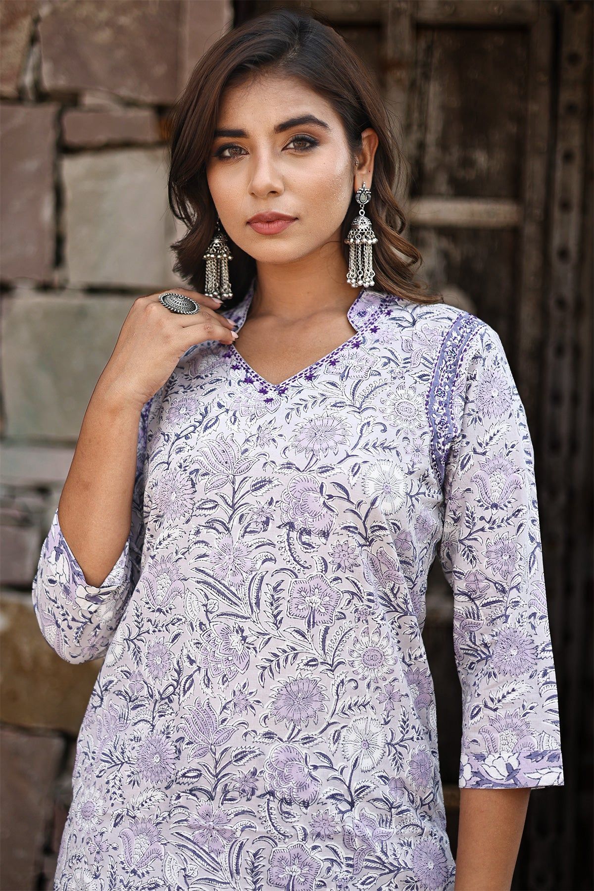Lilac Purple White Organic Cotton Straight Kurta