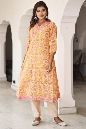 Orange Organic Cotton A-line Kurta with Pockets Orange Organic Cotton A-line Kurta with Pockets