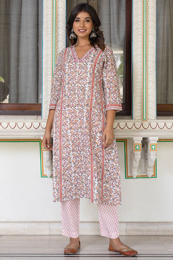 White Orange Organic Cotton A-line Kurta with Pockets