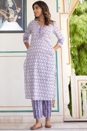 Purple White Organic Cotton Straight Kurta with Pockets