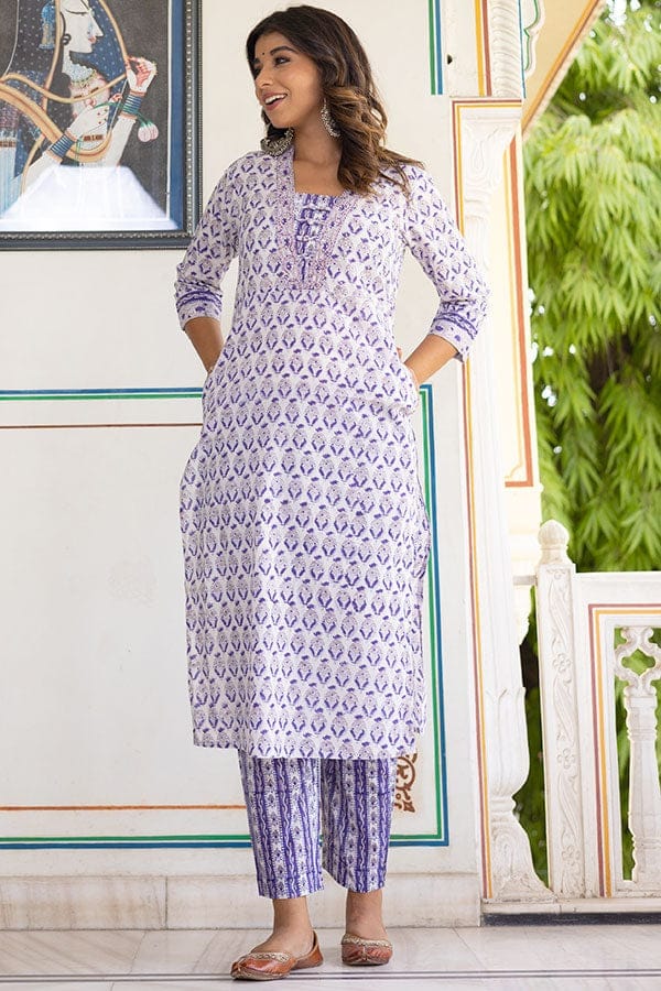 Purple White Organic Cotton Straight Kurta with Pockets