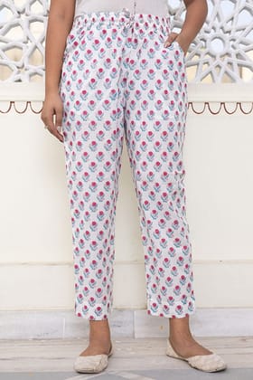 White Pink Hand Printed Organic Cotton Narrow Pants White Pink Hand Printed Organic Cotton Narrow Pants