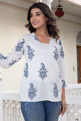 White Blue Embroidered Organic Cotton Short Kurta White Blue Embroidered Organic Cotton Short Kurta