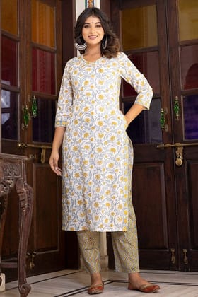 Yellow White Organic Cotton Straight Kurta with Pockets Yellow White Organic Cotton Straight Kurta with Pockets