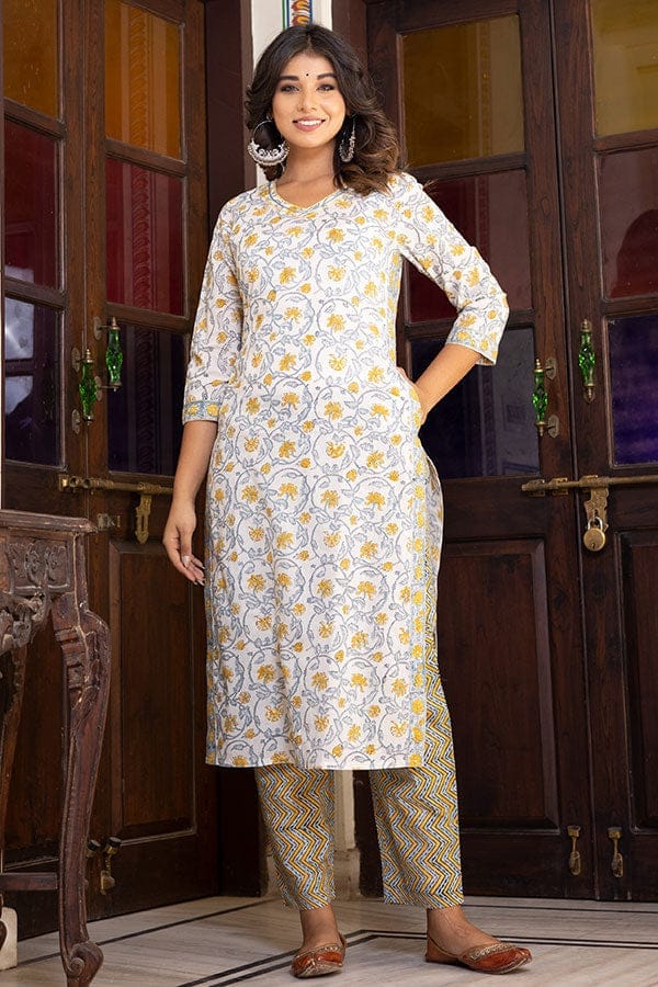 Yellow White Organic Cotton Straight Kurta with Pockets