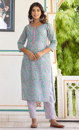 Pink Green Organic Cotton Straight Kurta with Pockets Pink Green Organic Cotton Straight Kurta with Pockets